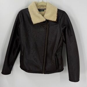 Lauren Ralph Lauren tumbled brown faux leather/ cream shearling Moto jacket M
